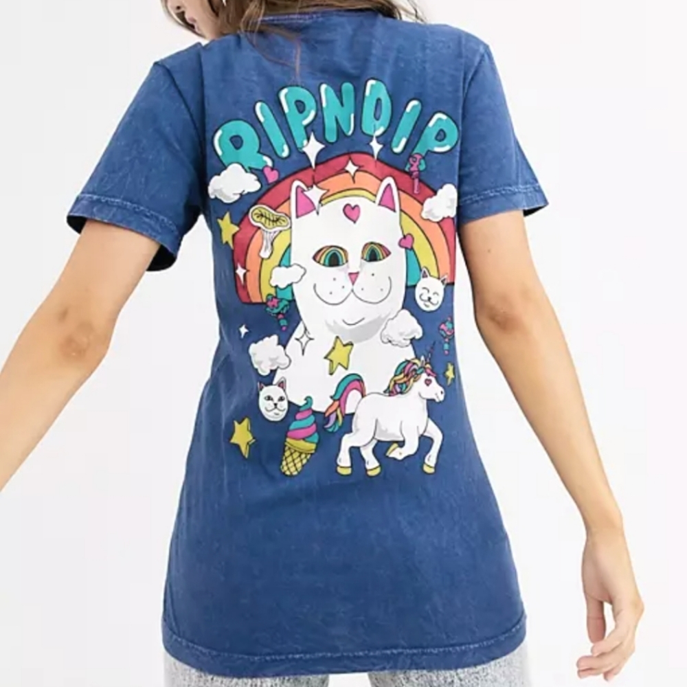 RipnDip Nerm World Blue T Shirt Rainbow Unicorn Cat